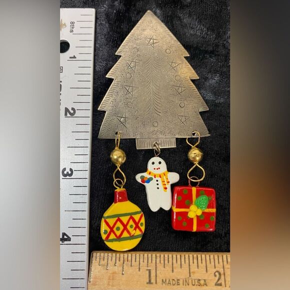 Vintage Sliver Tone Metal Christmas Tree Brooch Pin Dangle Charms 80s Jewelry - Picture 5 of 5